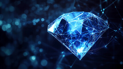 Abstract blue diamond on digital background with polygonal light lines