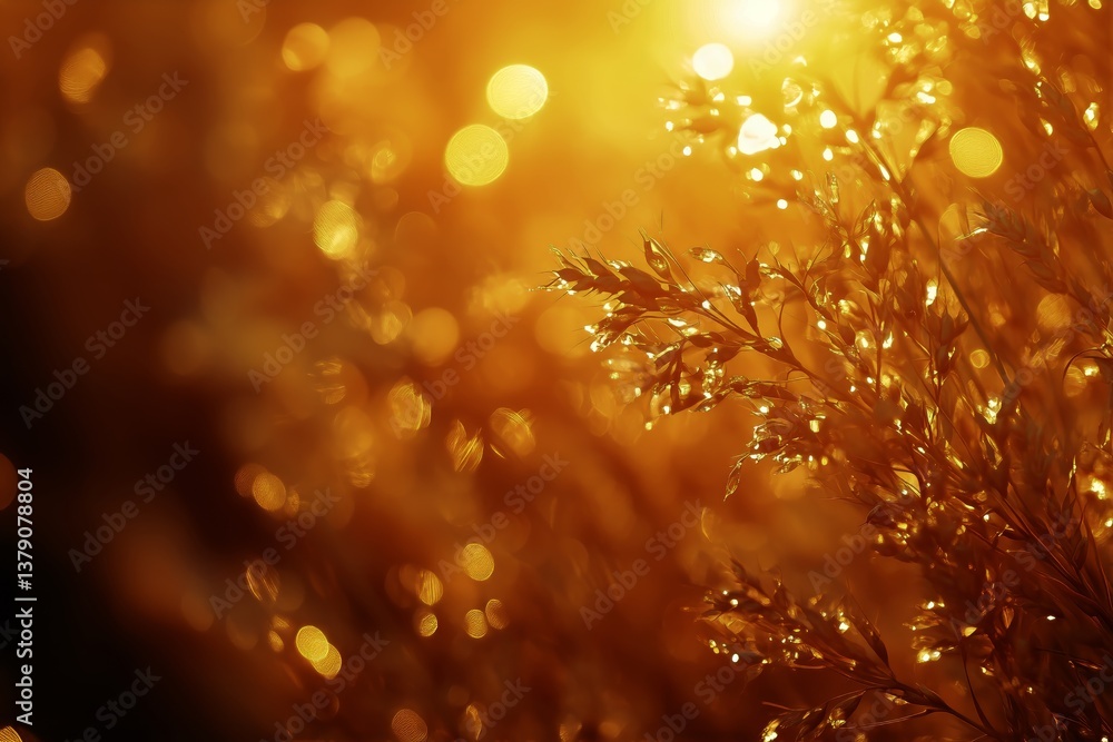Poster golden wheat field at sunset with glowing sunlight and soft bokeh effects in the background
