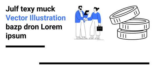 Business partners shaking hands beside coins and technology elements. Ideal for teamwork, collaboration, business development, financial planning, partnership, digital innovation, simple landing page