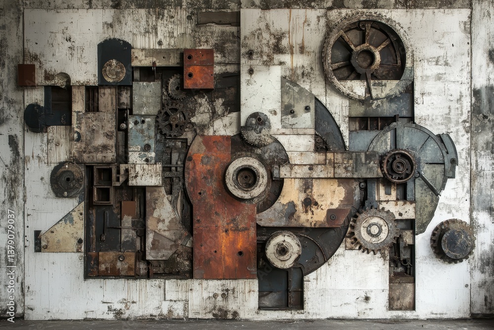 Poster a weathered wall adorned with numerous gears of varying sizes and shapes showcasing the inner workin