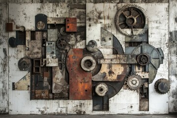 A weathered wall adorned with numerous gears of varying sizes and shapes showcasing the inner workings of mechanical systems .