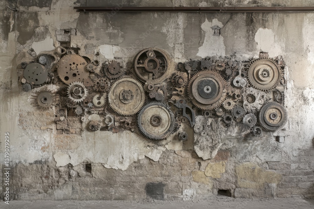 Poster a weathered wall adorned with numerous gears of varying sizes and shapes showcasing the inner workin