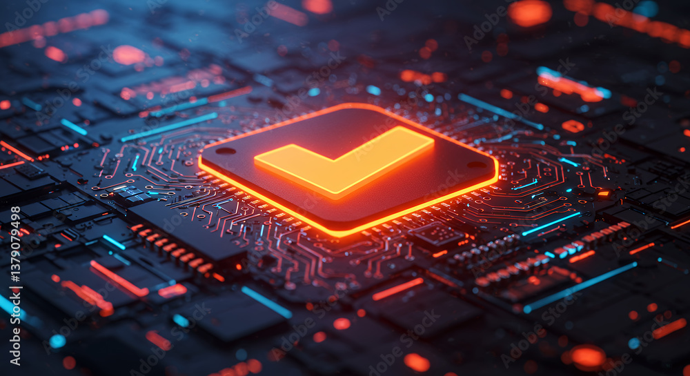Poster secure tech: glowing checkmark on circuit board - data validation, cyber security, & digital trust