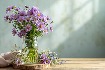 vibrant purple daisy bouquet in glass jar on wooden table
