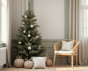 Fototapeta premium small christmas tree with beige ornaments in a cozy living room next to a light-colored wooden chair