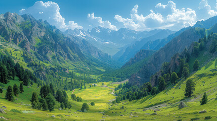 Naklejka premium Beyond the green plain were mountains, clean blue with white cumulus clouds, and near by a few tall green spruce pines, high contrast, simple and clean picture, rich details, real photography.