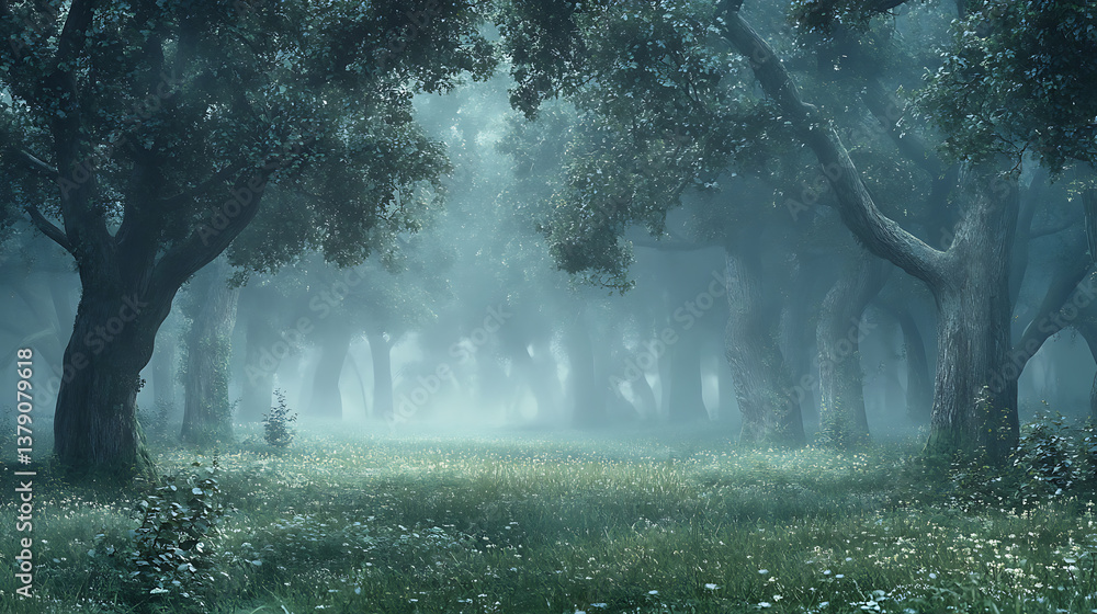 Poster panoramic view of a foggy forest, background image