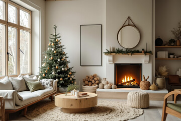 Fototapeta premium cozy living room with decorated christmas tree and warm fireplace