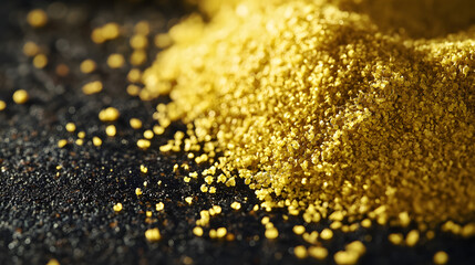 A close-up view of golden yellow fennel pollen arranged in a neat pile on a dark surface, emphasizing its fine texture and subtle aroma.