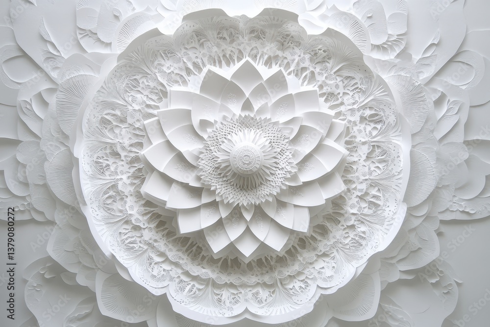 Poster a white paper mandala with delicate intricate patterns hanging on a wall delicate intricately detail