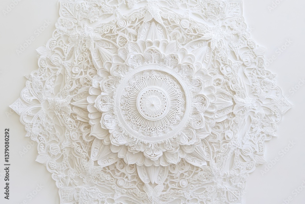 Poster a white paper mandala with delicate intricate patterns hanging on a wall delicate intricately detail