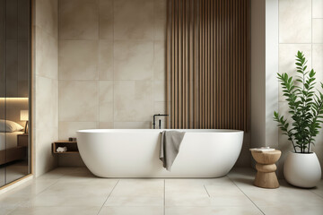 Fototapeta premium modern minimalist bathroom with pristine white freestanding bathtub