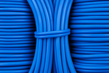A vibrant blue cable bundle, neatly organized with a central tie, showcasing order and connectivity. Ideal for network or electrical concepts.