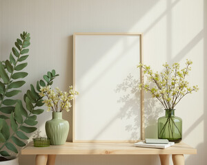 minimalist interior scene with a blank frame two vases of flowers and a wooden table