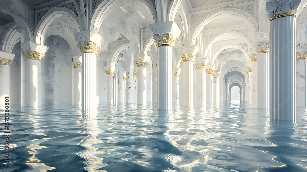 Poster parts of ancient architecture stand under water, 3d rendering