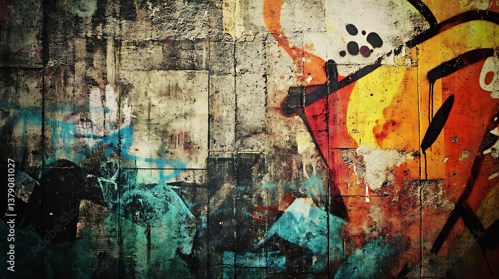 Poster Combine the rough texture of an urban wall with graffiti elements to create a unique, street inspired canvas texture