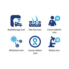 Radiotherapy, Hair loss, Cancer patient, Metastasis, Cancer ribbon, Biopsy, Blue Icon Set