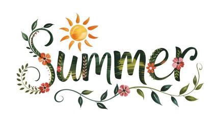 Summer text with sun, watercolor painting isolated on a white background for seasonal designs, invitations, and bright, tropical artwork