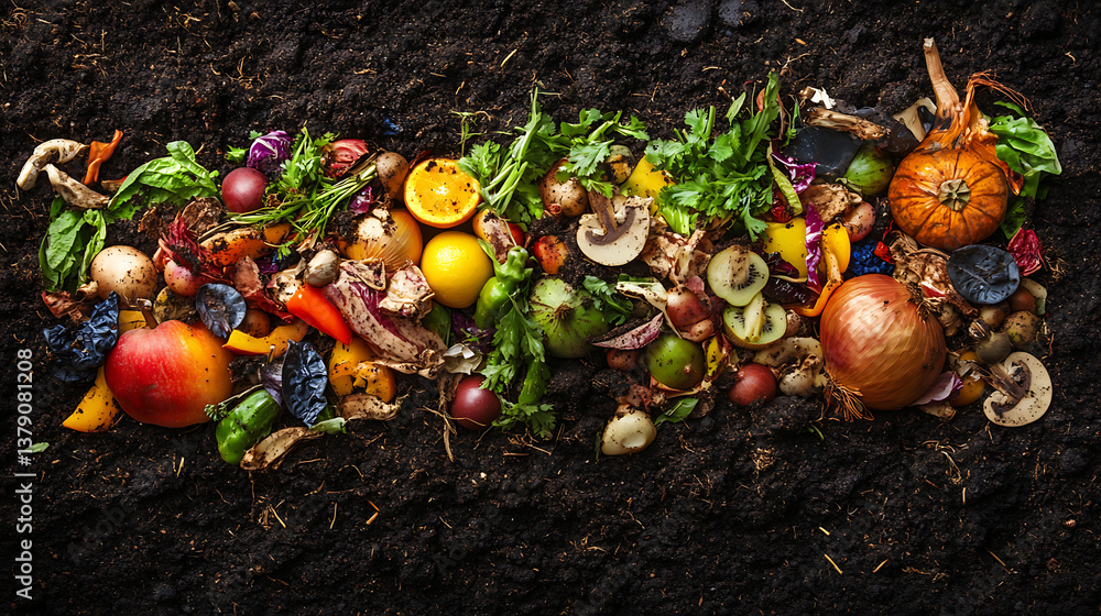 Poster Compost and composted soil in the form of a compost heap from rotting kitchen scraps with fruit and vegetable scraps processed into organic soil for fertilizer as a composite