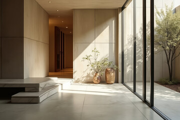 sunlit minimalist interior with marble steps and potted plants