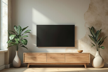 sleek black television on light oak console with greenery