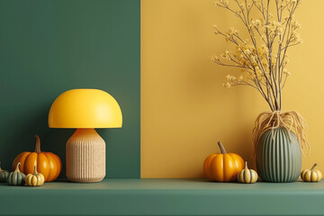 autumnal home decor with pumpkins lamp and vase