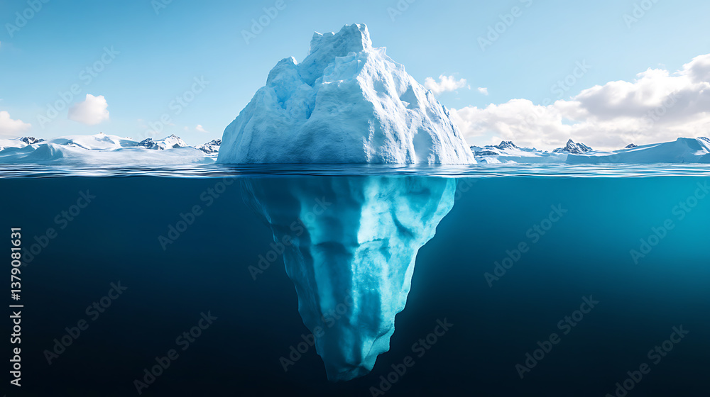 Poster concept of an iceberg with only the tip visible above the water, symbolizing the hidden and unseen a