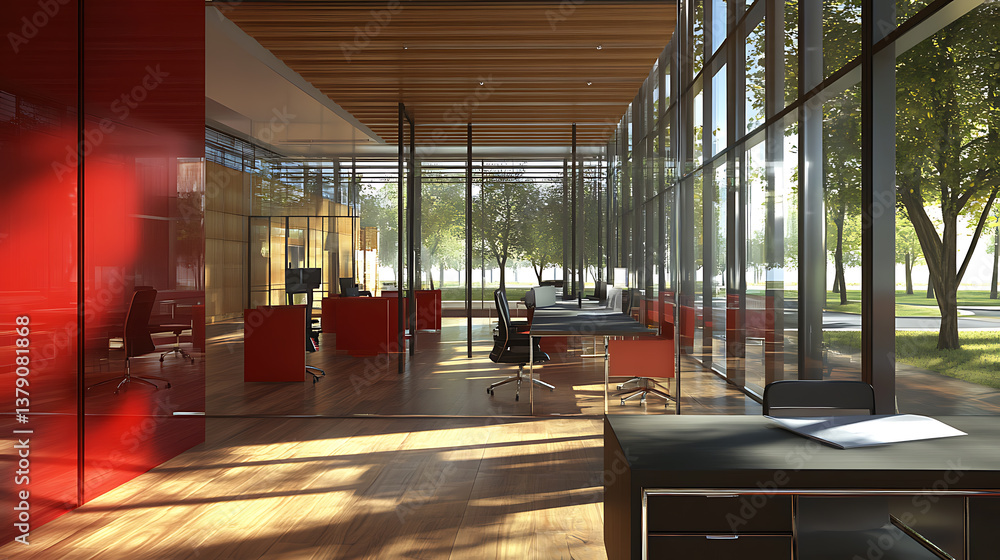 Fototapete perspective view on design project of modern office interior with stylish workspaces behind glass wa
