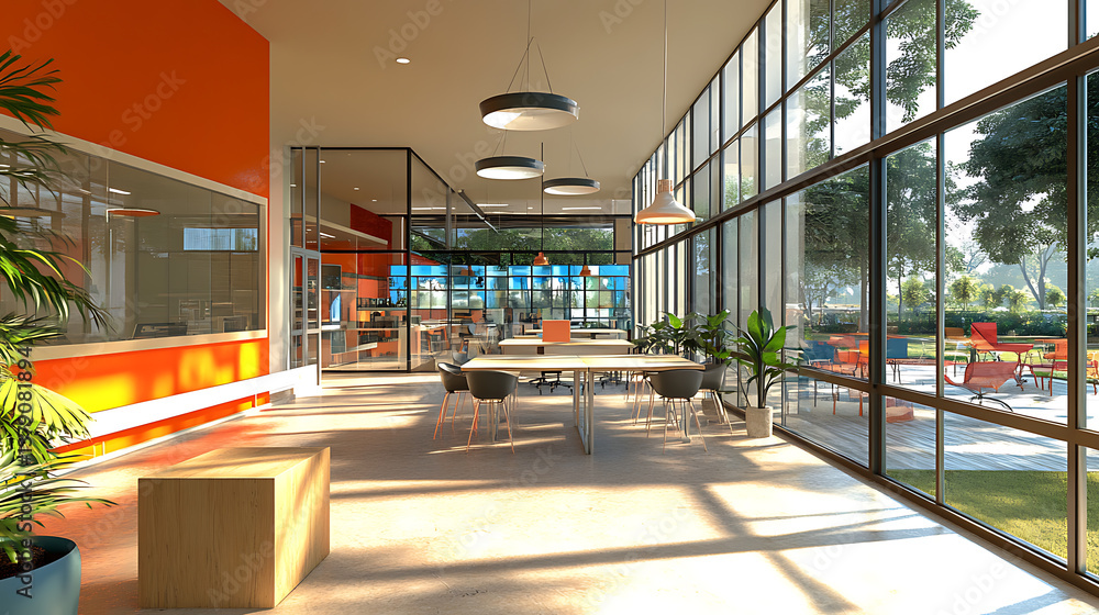 Poster Perspective view on design project of modern office interior with stylish workspaces behind glass walls and panoramic window, 3d rendering
