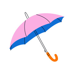 Open umbrella icon. Cartoon flat rain protection accessory, colorful waterproof sunshade with curved stick, fall weather automatic umbrella. Vector isolated illustration