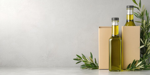 Fototapeta premium Cardboard boxes with glass bottles of olive oil. Distribution and wholesale of natural oil.