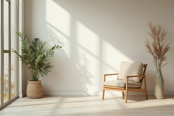 beige armchair in a sunlit minimalist room with plants and dried flowers
