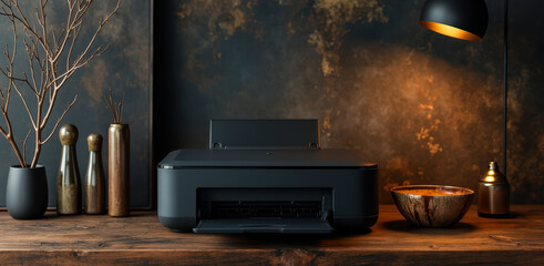 sleek dark-grey printer sits on a dark brown wooden surface in a cozy well-lit setting