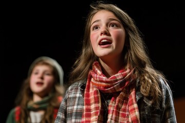 A woman dressed in a plaid shirt and scarf A student performing in a school play dressed in costume and reciting lines on stage .