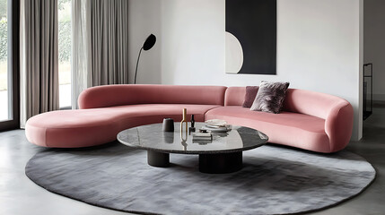 Pink sofa and round coffee table on gray rug, postmodern memphis style interior design of modern living room