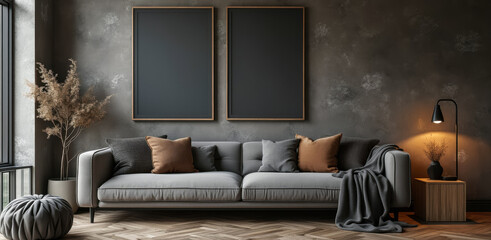 gray fabric sofa with throw pillows in a cozy living room setting