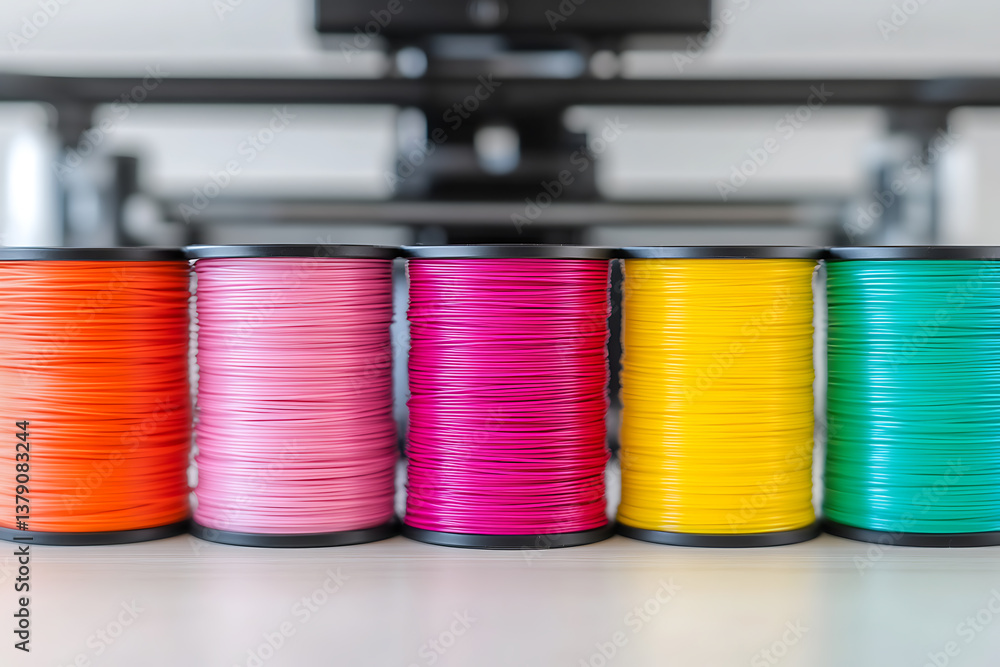 Poster colorful filaments on spools are ready to be used for 3d printing. the different colors are neatly o