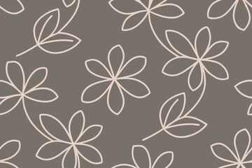 Elegant Seamless Pattern Minimalist Beige Flowers and Leaves on Taupe