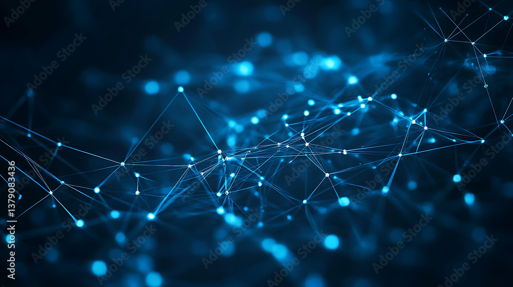 Poster Abstract digital network connections with nodes and lines on a dark blue background, concept of connectivity