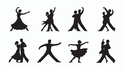 Isolated romantic couple silhouettes in waltz dance. Happy couple dancing together vector silhouettes set