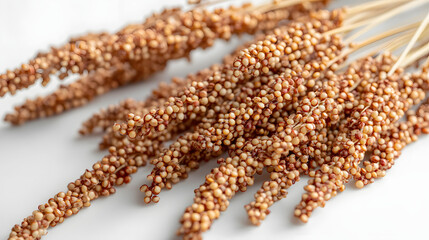 Obraz premium A close-up view of quinoa ears with reddish seeds arranged neatly on a soft white background, showcasing their delicate texture and natural elegance.