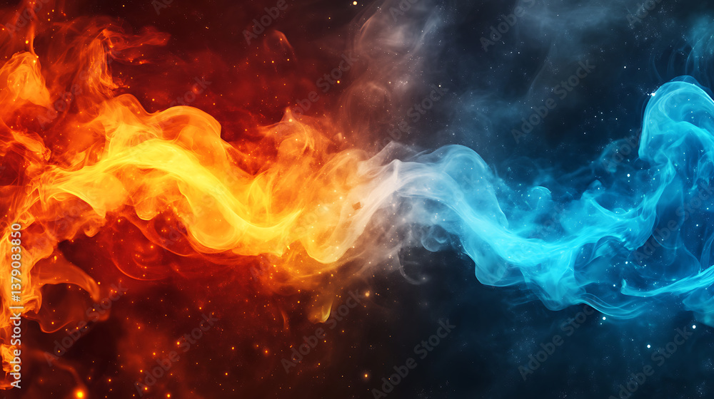 Poster abstract fire and ice concept background with smoke and empty space