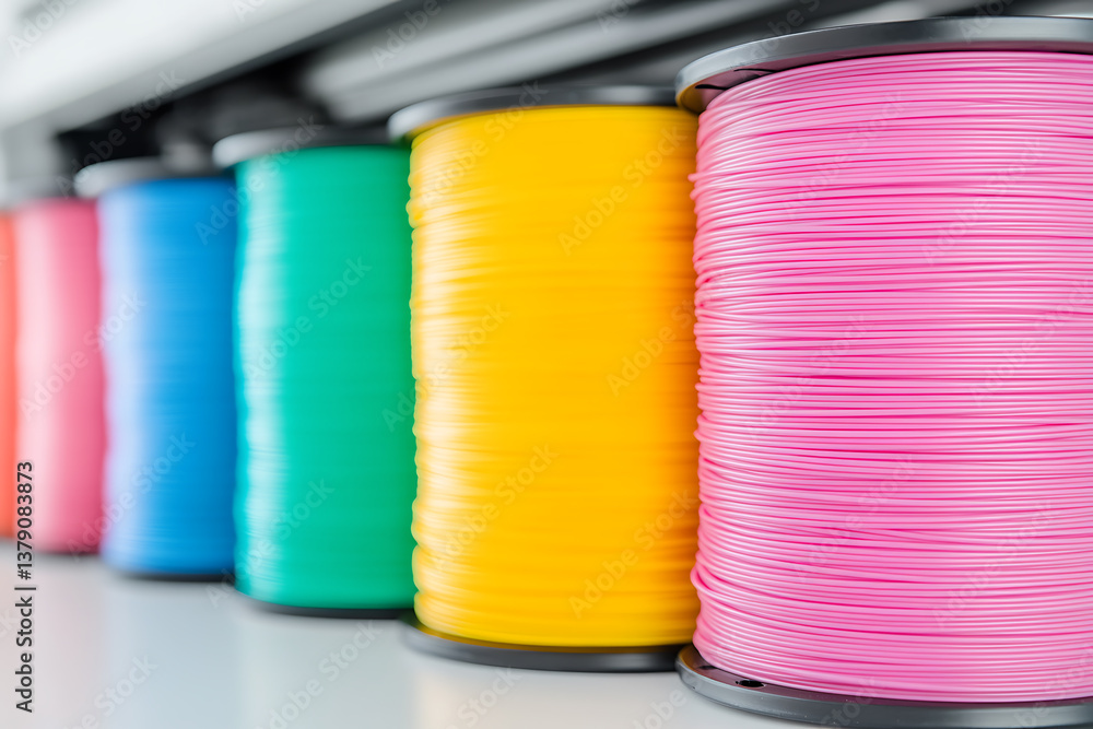 Poster a vibrant row of colorful spools create an abstract, textured pattern, showcasing a spectrum of shad