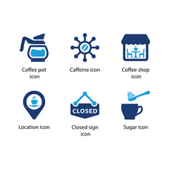 Iced coffee, Caffeine, Coffee shop, Location, Closed sign, Sugar, Blue Icon Set