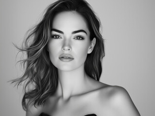 Naklejka premium Elegant Female Model Black and White Portrait: Glamour & Beauty Close-up in Stylish High Contrast Fashion Photography