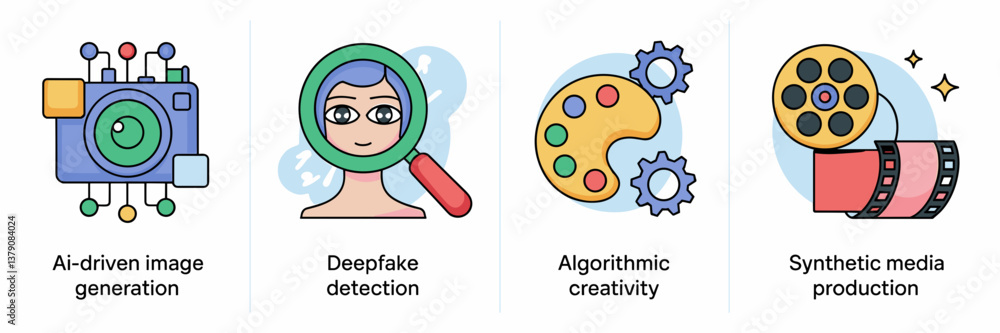 Poster digital illustration of a generative ai icon set – ideal for ai research, tech branding, or syntheti
