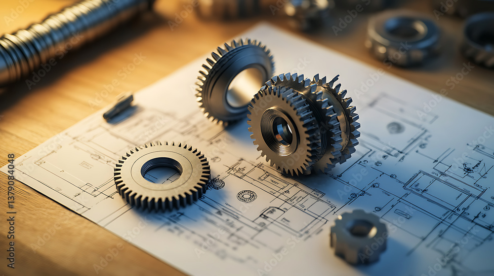 Aufkleber precision engineering with metal gears and technical blueprints on wooden table