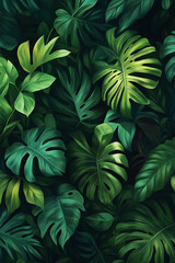 A lush, vibrant composition filled with monstera leaves. The light source is illuminating each leaf and its unique characteristics.