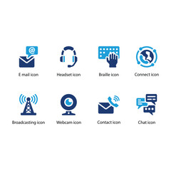 E mail, Headset, Braille, Connect, Broadcasting, Webcam, Contact, Chat, Blue Icon Set