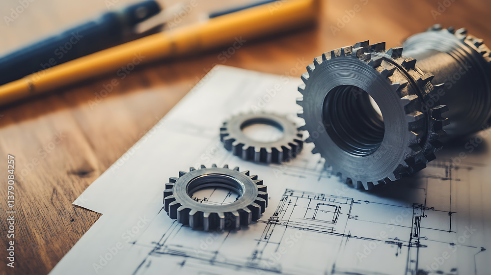 Aufkleber precision engineering with metal gears and technical blueprints on wooden table